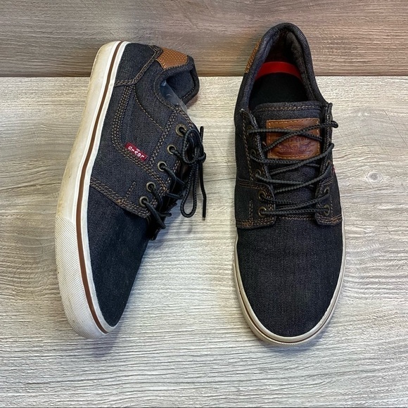 Mens Levi’s dark denim canvas leather patch slip on sneakers red tab size 7.5 - Picture 3 of 11